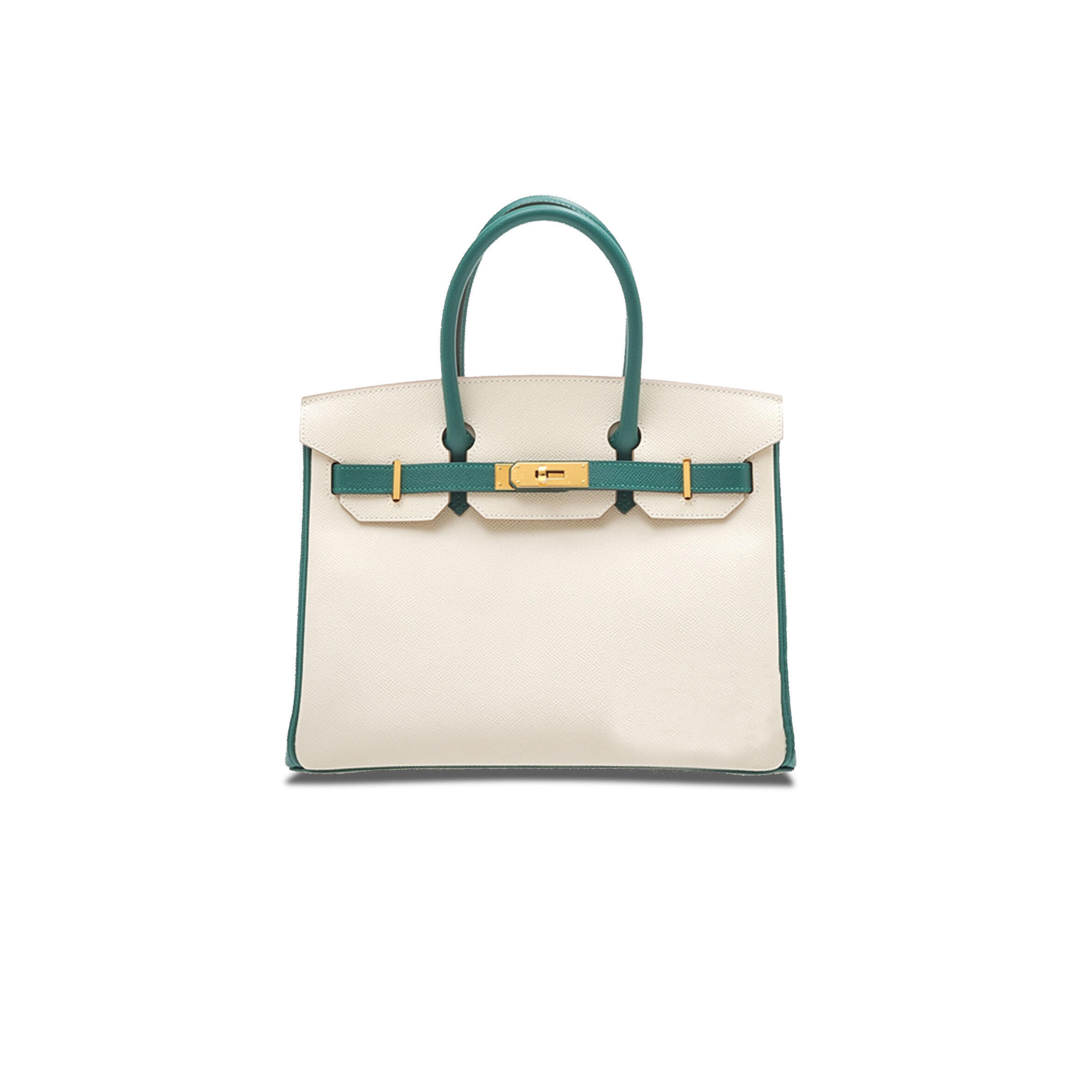H**me5 BIRKIN 30 EPSOM MILKSHAKE WHITE AND PEACOCK GREEN GOLD BUCKLE H028369CK44 (30*23*15cm) Master Quality